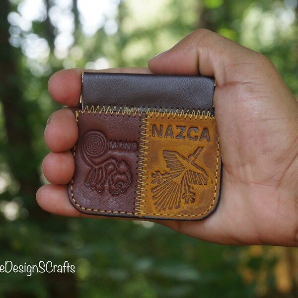 Coin Purse for Gift | Genuine Nazca Lines Leather Coin Purse Pouch Hand Painted |  Peruvian leather pouch purse