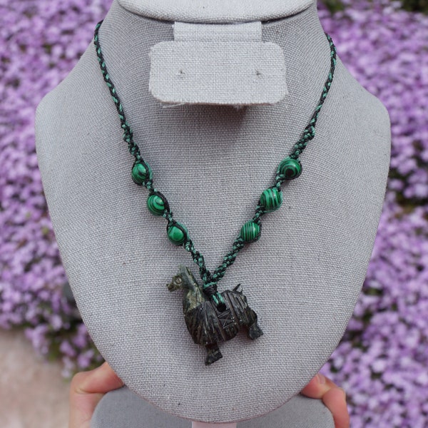 Alpaca Pendant | Alpaca Necklace | Handmade Beaded Necklace | Serpentine Pendant | Peruvian Jewelry | Malachite Beads.