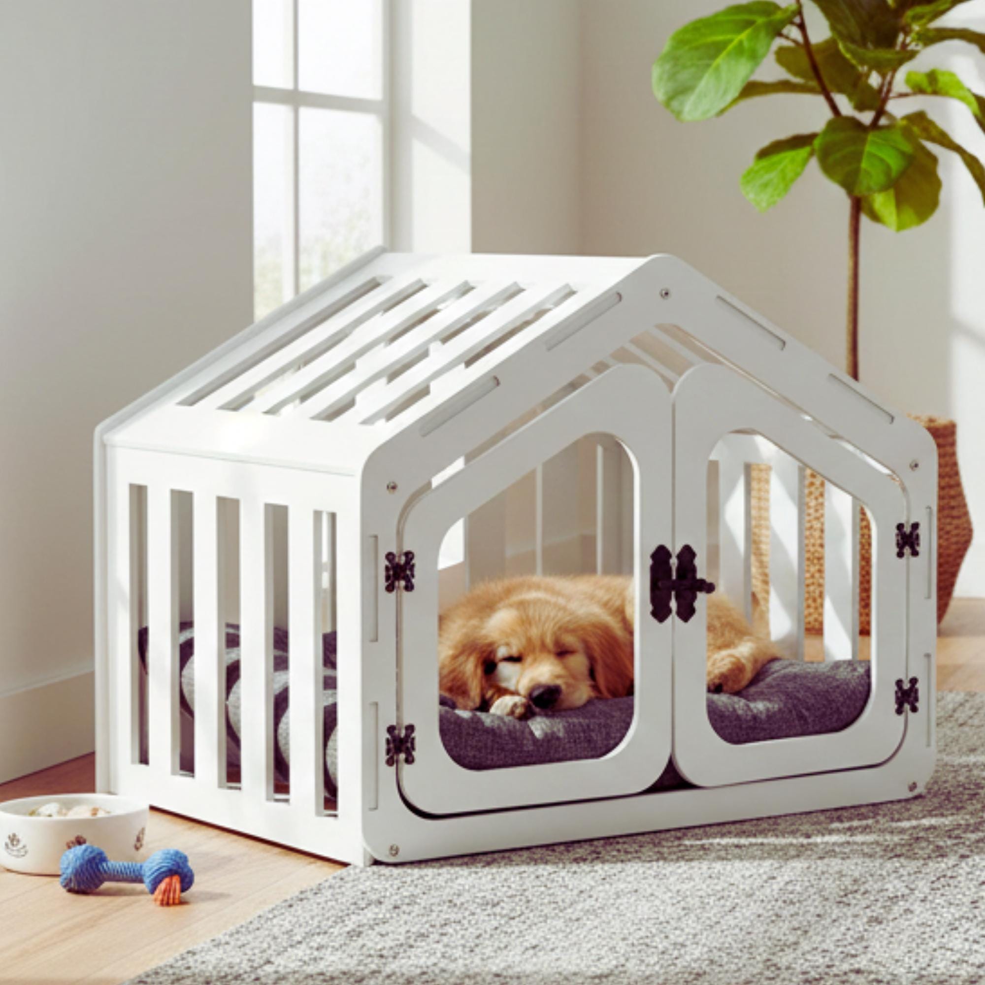 Modern Wooden Dog House – Indoor Cushioned Pet Crate With Elegant ...