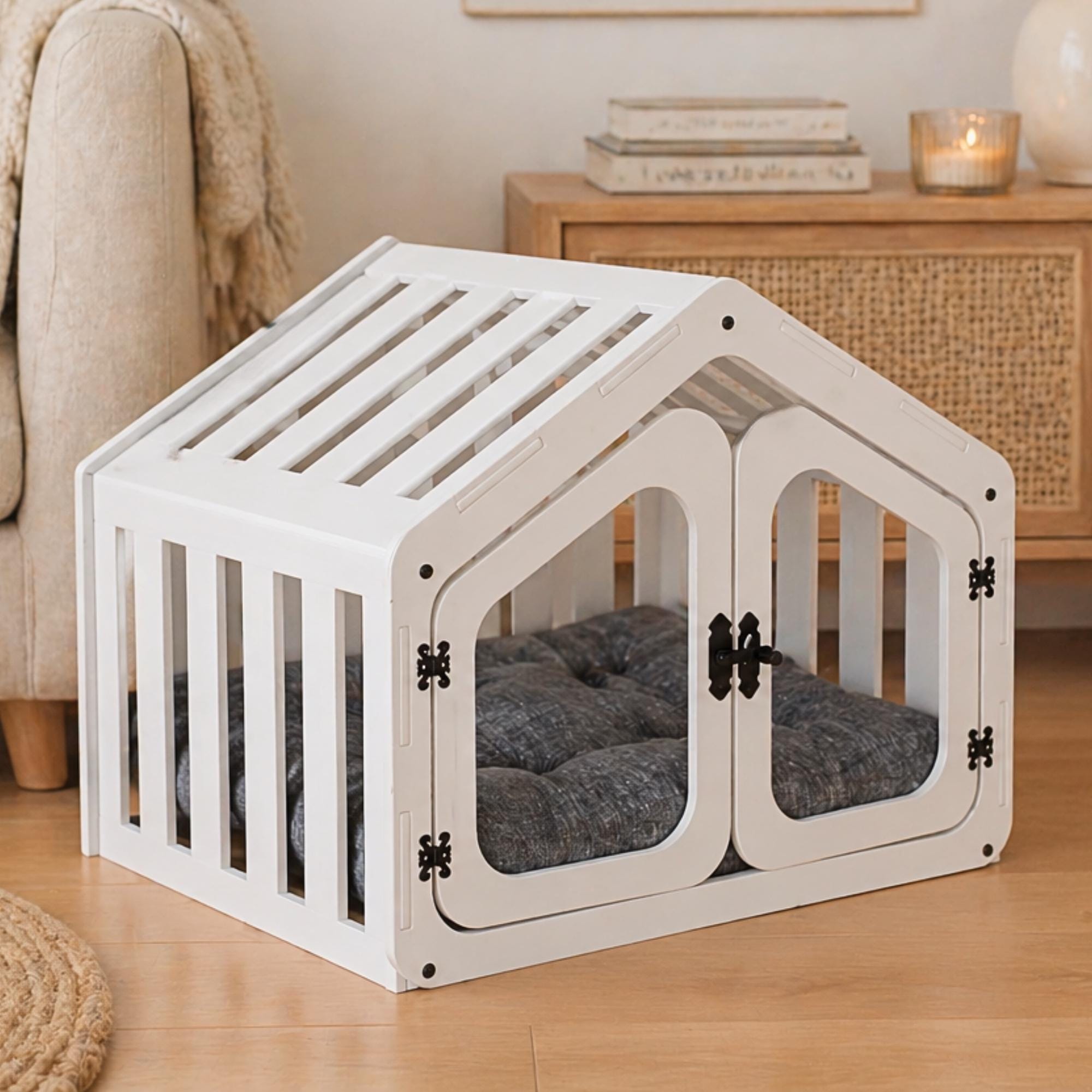 Modern Wooden Dog House – Indoor Cushioned Pet Crate With Elegant ...