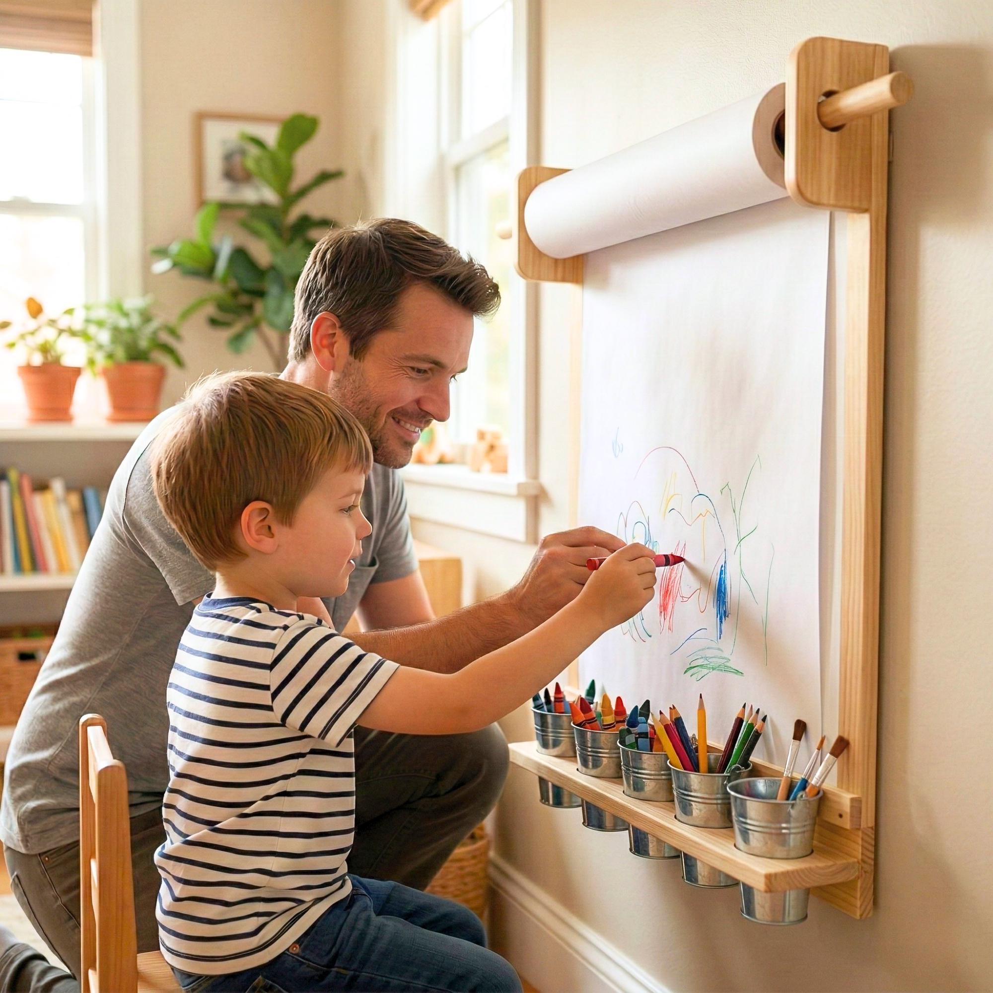 Wall Mounted Wooden Drawing Board with Paper Roll Holder & Pencil Cup Holders