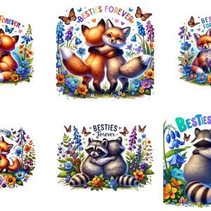 Adorables zorros bebés abrazándose con flores - Besties Forever Clipart para diseños de sublimación - Descarga instantánea de archivos PNG