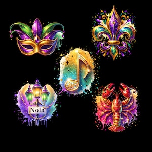 Mardi Gras Iconic Clipart Images, Mardi Gras Mask, Fleur-De-Lis, Lobster, Street Lamp, Musical Note, PNG Digital Download, Happy Mardi Gras