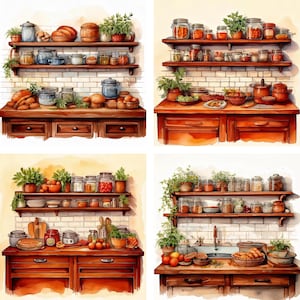 Paquete de imágenes prediseñadas de cocina rústica vintage, estantes de plantas de cocina, despensas, descarga instantánea de PNG de acuarela, PNG de álbum de recortes de diario basura