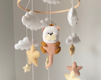 Baby Mobile with an otter, clouds and stars in brown and beige, handmade,cot mobile,bohemian