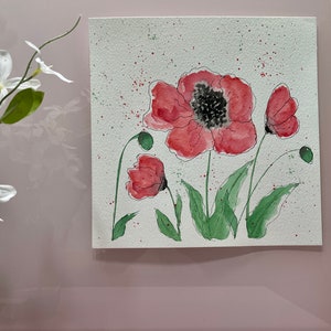Red Poppies Ink and Watercolor Painting, 8x8 inches