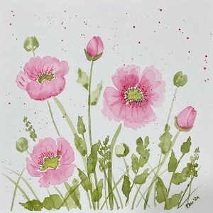 Pink Poppies Watercolor Painting, 8x8 inches
