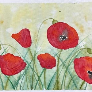 Red Poppies in Green Field Watercolor Painting, 6x8 inches