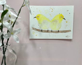 Yellow Birds on a Branch Watercolor Painting, 4x6 inches