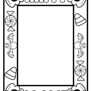 May include: Black and white printable Halloween frame with a pumpkin, candy corn, candy, and bat designs. The frame says "Happy Halloween".