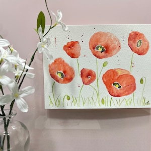 Red Poppies in Field Watercolor Painting, 6x8 inches