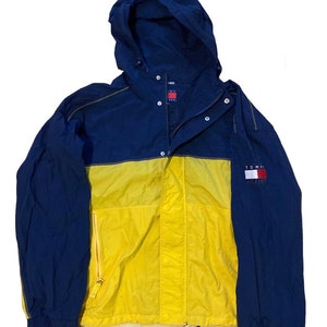 Vintage 90&#39;s Tommy Hilfiger Yellow and Blue Zip Up Hoodie Size XL