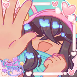 Puede incluir: Una ilustración digital que muestra a un personaje de cabello oscuro con una gorra rosa y una bufanda azul claro. Una mano grande está presionada en primer plano. La imagen incluye corazones rosas, un borde azul claro y el texto Pastel Pedia.