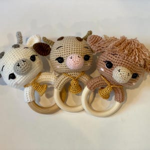 Barnyard Friends - Crochet Animal Baby Rattle | Baby Shower Gift | Wood Rattle | Cow | Booties | Newborn Baby Gift Set