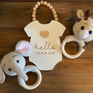 Savanna Friends - Crochet Animal Baby Rattle | Elephant | Giraffe | Baby Shower Gift | Wood Rattle | Newborn Baby Gift Set