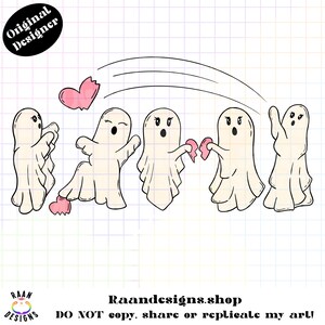 May include: A whimsical illustration features five cartoon ghosts with varying expressions. One ghost throws a broken pink heart, while others react with surprise or sadness. The design includes the text "Original Designer" and "Raandesigns.shop".
