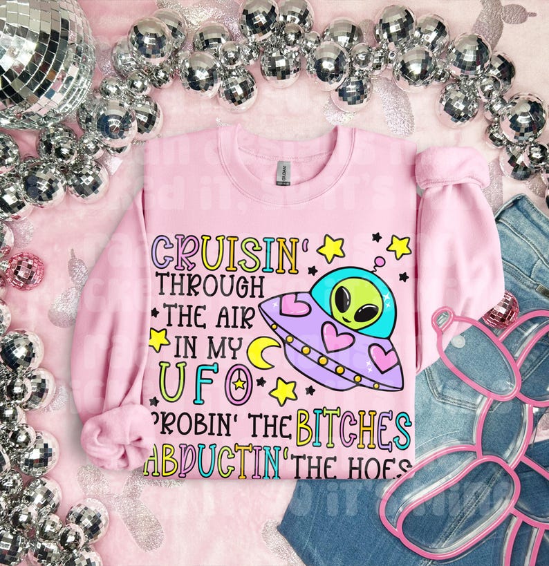 May include: Pink sweatshirt with a graphic of a cartoon alien in a UFO with the text "Cruisin' through the air in my UFO,  Robbin' the Bitches Abductin' the Hoes".