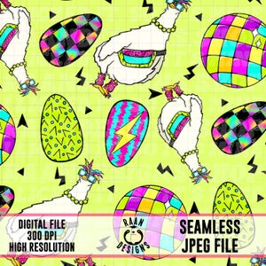 May include: A seamless pattern featuring a white chicken with a pink and green fanny pack, a pink and blue lightning bolt egg, a green and yellow egg with a geometric pattern, and a multi-colored disco ball. The background is a light green color.