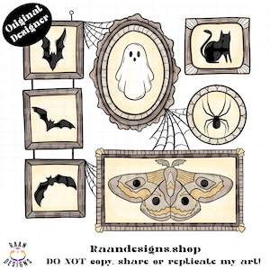 May include: A collection of framed Halloween-themed illustrations. The artwork includes a bat, ghost, black cat, spider, and moth. The frames are in various shapes and sizes, with a neutral color palette and spiderwebs. The text "Original Designer" and "Raandesigns.shop" are visible.