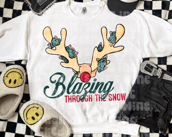 Blazing Reindeer PNG-TShirt-Design-Digital-420-Marijuana-Joint-Hands-Stoner-Snowflakes-Blunt-Weed-Winter-Christmas-Vibe-Snow PNG-RAAN