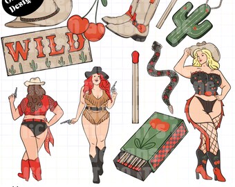 May include: A digital illustration set featuring a variety of western-themed elements, including a pair of cowboy boots, a cactus, a snake, a matchstick, a cherry, a cowboy hat, a matchbox, and two women in cowboy outfits. The text "WILD" is featured on a sign with a rustic background.