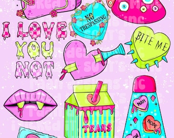 May include: A set of nine digital illustrations featuring various heart-shaped designs with edgy and humorous phrases. The designs include a tombstone with the text "Dead Inside", a heart with the text "Bite Me", a heart with the text "No Trespassing", a heart with the text "Eww", a heart with the text "Nah", a heart with the text "Nope", a heart with the text "Mine", a heart with a sword through it, and a heart with the text "I Love You Not".