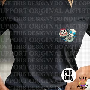 May include: A black t-shirt with a pocket featuring a cartoon image of two skeletons floating on inner tubes in a pool. The skeletons are wearing sunglasses and a watermelon hat. The text "PNG Only" is visible on the shirt.