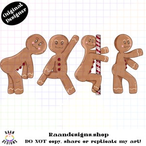 May include: Four gingerbread men in various poses, one holding a candy cane. The gingerbread men are brown with white icing and red candy buttons. The candy cane is red and white.