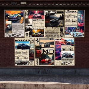 7 Posters - Porsche 911, GTR R35, Ferrari F40, Dodge Challenger, Supra Mk4, BMW E30, Koenigsegg Agera | Vintage Design | Digital Print