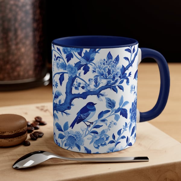 Blue and White Mug, Blue Chinoiserie Mug, Blue and White Asian Design Mug, Blue and White Coffee Cup, Blue Chinoiserie Coffee Cup