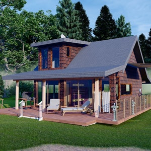 May include: A small wooden cabin with a grey roof and a large deck. The cabin is surrounded by trees and has a swing set in the yard.