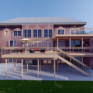 以下が含まれることがあります： 複数の窓と木製のデッキを備えた2階建てのレンガ造りの家。 デッキにはガラスの手すりがあり、コンクリートのパティオに続く階段があります。 デッキにはパラソルと屋外用家具があります。 緑の木と草が家を囲んでいます。