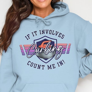Trendy Curling Sport Shirt, Women&#39;s Curling Themed Gift, Funny Curling Quote, Retro Style, Pink Curling Sweatshirt, Curling Stone Graphic