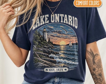 Lake Ontario Shirt, Canada Support Anti-Trump, Anti Re-naming Tee, Retro Sunset Great Lakes, Nautical Vacation Graphic Shirt