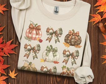 Sudadera de calabaza con patchwork otoñal, camiseta de colores cómodos con lazos otoñales