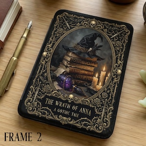 May include: Black tablet case with a gothic design. The cover features an oval image of a witch's hat atop books, candles, and a potion bottle. The text "The Wrath of Anna, A Gothic Tale" is displayed below the image. Ornate gold-colored filigree frames the image.