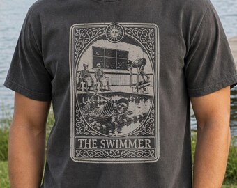 Swimming Shirt, Gift for Male Swimmer, Gothic Skeleton Halloween Tee, Men's Swim Sweater