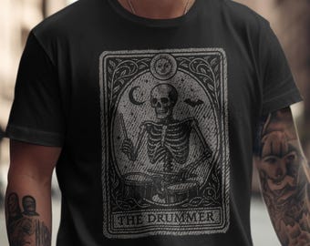 Drummer Tarot Card Shirt, Skeleton Playing Drums, Gothic Halloween Rock Band Tee