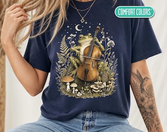 Cello Shirt or Sweater, Whimsical Cellist T-Shirt, Goblincore Frog Musician Gift