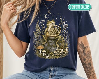 French Horn T-Shirt or Sweatshirt, Whimsical Hornist Shirt, Goblincore Frog Musician Gift