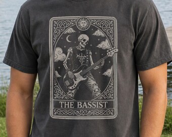 Bass Player Shirt, Men's Bass Guitar Gift, Macabre Skeleton Sweater, Male Bassist Tarot Card Tee