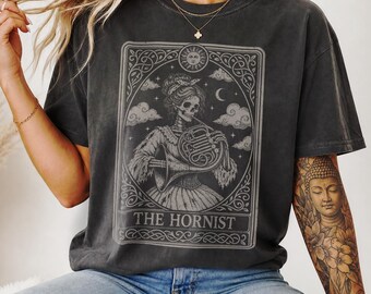 French Horn Shirt, Female Hornist Halloween Gift, Macabre Skeleton Sweater, Women's Brass Musician Tee