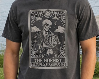 French Horn Shirt, Male Hornist Halloween Gift, Macabre Skeleton Sweater, Men's Brass Musician Tee