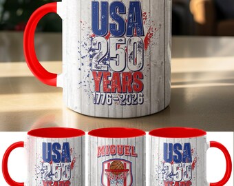 Taza de cerámica con temática de baloncesto de los 250 años de EE. UU., taza de recuerdo personalizada del 4 de julio, recuerdo patriótico del Día de la Independencia.