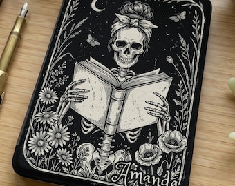 Gothic Kindle Case with Reading Skeleton, Personalized with Custom Name, Dark Academia Themed Gift