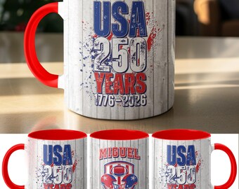 Taza de cerámica con temática de fútbol americano de los 250 años de EE. UU., taza de recuerdo personalizada del 4 de julio, recuerdo patriótico del Día de la Independencia.