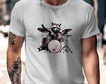 Drummer T-Shirt or Sweatshirt, Drumming Themed Gifts, Raccoon Playing Drums Tee