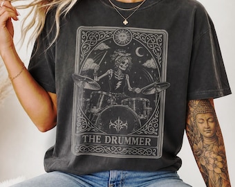 Female Drummer Shirt, Women's Gothic Drumming Gift, Macabre Skeleton Sweater, Drum Player Tarot Card Tee