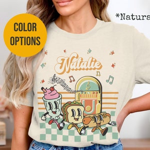 Diner Waitress Shirt, Personalized Waitress Gift, Custom Name Diner Tee, Retro 50's Style Sweater, Cute Mascot, Kawaii Food, 50s Jukebox