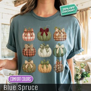 Cute fall pumpkin tshirt, autumn graphic shirt, comfortable tee, blue spruce color, cozy casual wear, seasonal top, trendy gift